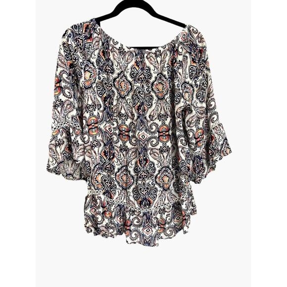 Fever Boho Style Tunic Top Women's Size Small Blue Orange Crochet Lace Inset Sle - Picture 5 of 6